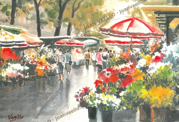 Las Ramblas, acuarela de Juan Vaello